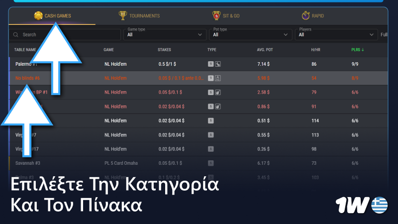 Επιλέξτε κατηγορία πόκερ και τραπέζι στο 1w